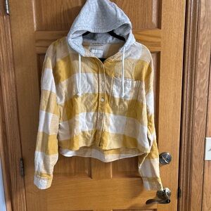 American Eagle Yellow and White Plaid Shirt with Gray Hood